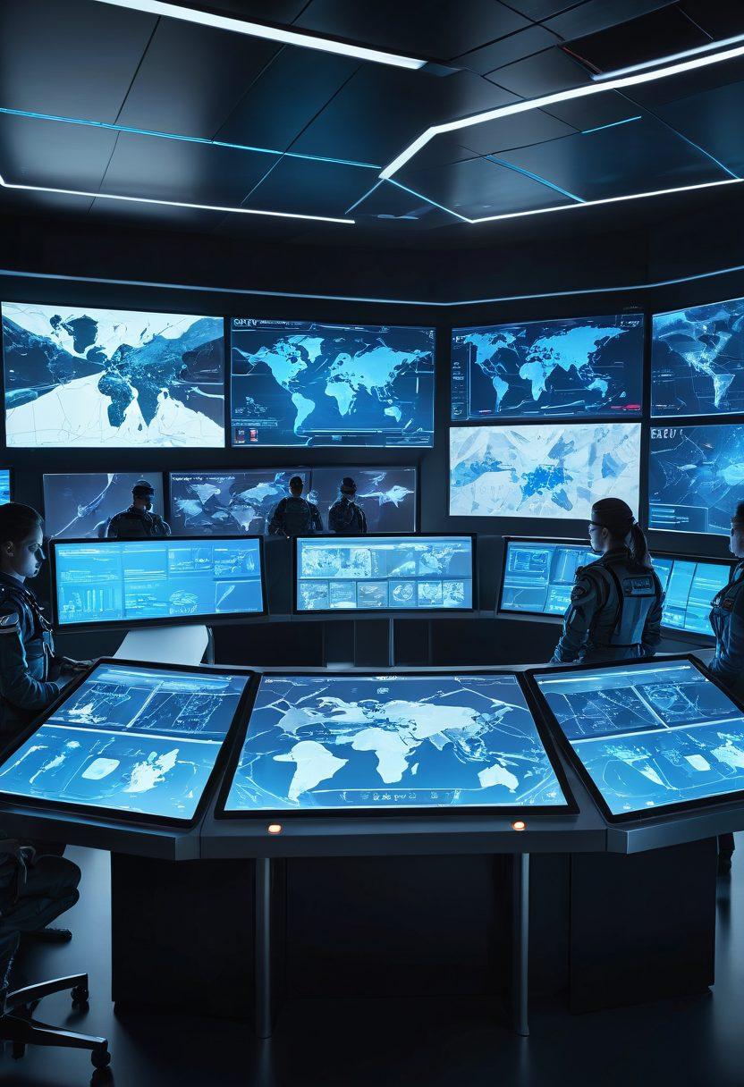 A futuristic digital command center with transparent holographic screens displaying various military resources, tools, and strategic maps. Soldiers in modern, high-tech uniforms interact with the screens, conveying a sense of advanced technology and cooperation. Energetic electric blue and metallic silver tones dominate the scene, emphasizing innovation and digital prowess. super-realistic. vibrant colors. high-tech background.