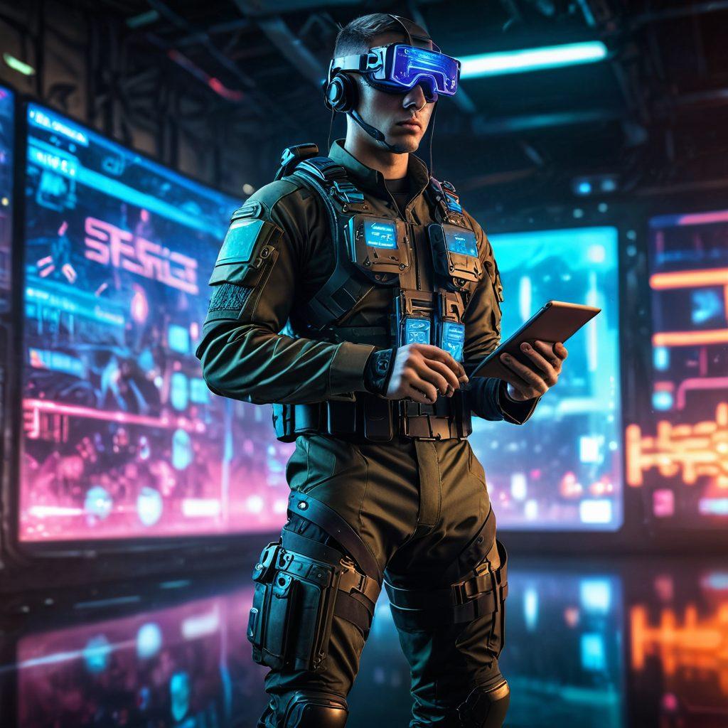 A modern soldier standing tall on a digital battlefield, wearing high-tech augmented reality glasses and holding a tablet. Surround the background with holographic data and futuristic icons, symbolizing cutting-edge technology with traditional army elements like boots and camouflage. cyberpunk. vibrant colors. high-tech aesthetic.