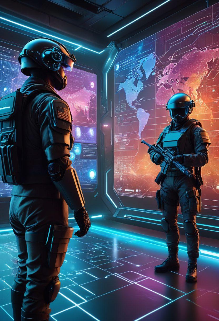A futuristic digital battlefield with soldiers using advanced augmented reality helmets and holographic interfaces, showcasing cyber-defense grids and AI drones. A blend of cybersecurity elements like firewalls and encrypted codes in the background. super-realistic. vibrant colors.